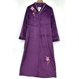 Crowntuft Housecoat Womens Vtg Velour Robe Full Zip Embroidered Floral Purple M